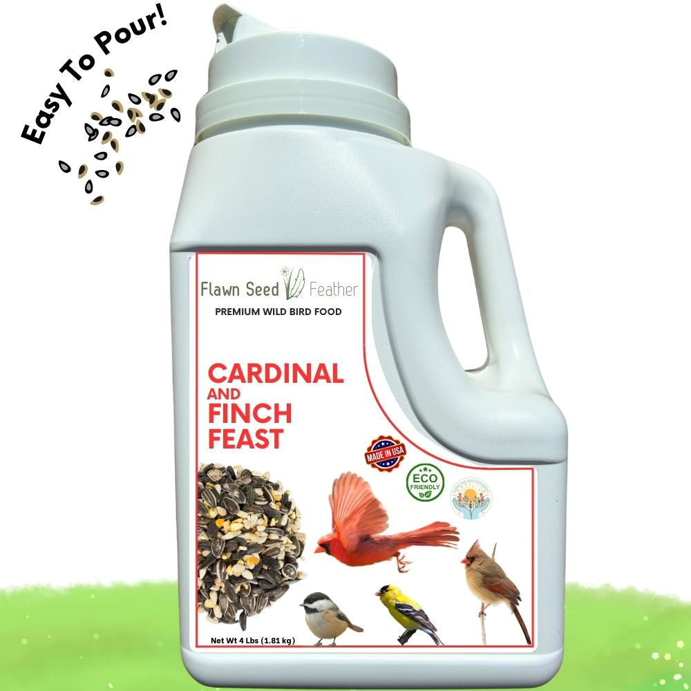 Wild bird food bottle with handle, cardinal and finch feast label and eco badge