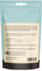 Back of mineral grit pouch with feeding instructions and guaranteed analysis panel