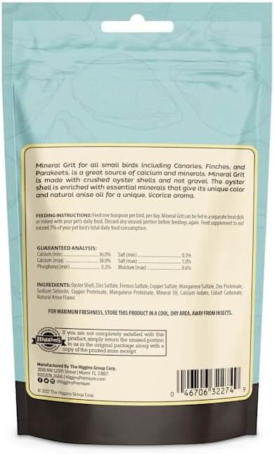 Back of mineral grit pouch with feeding instructions and guaranteed analysis panel