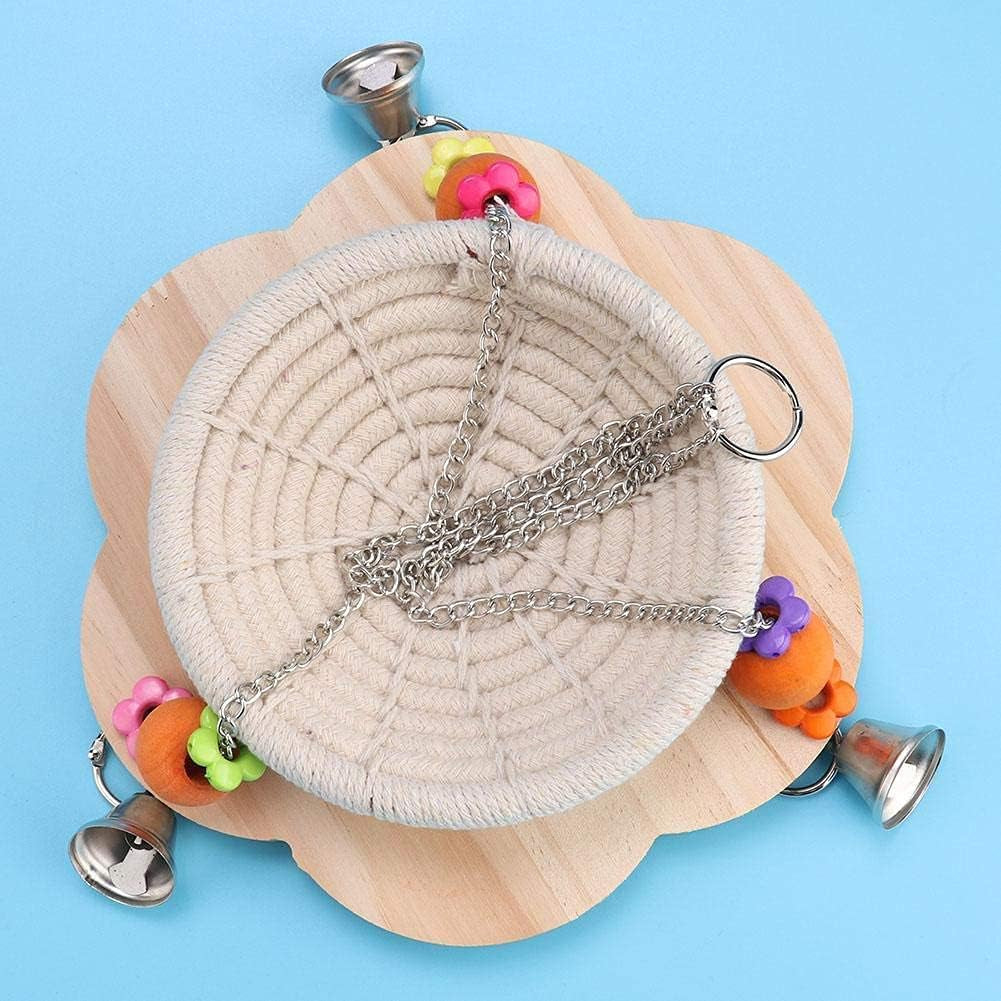 Beige bird nest swing on wooden base with hanging chains, rings, and bell charms