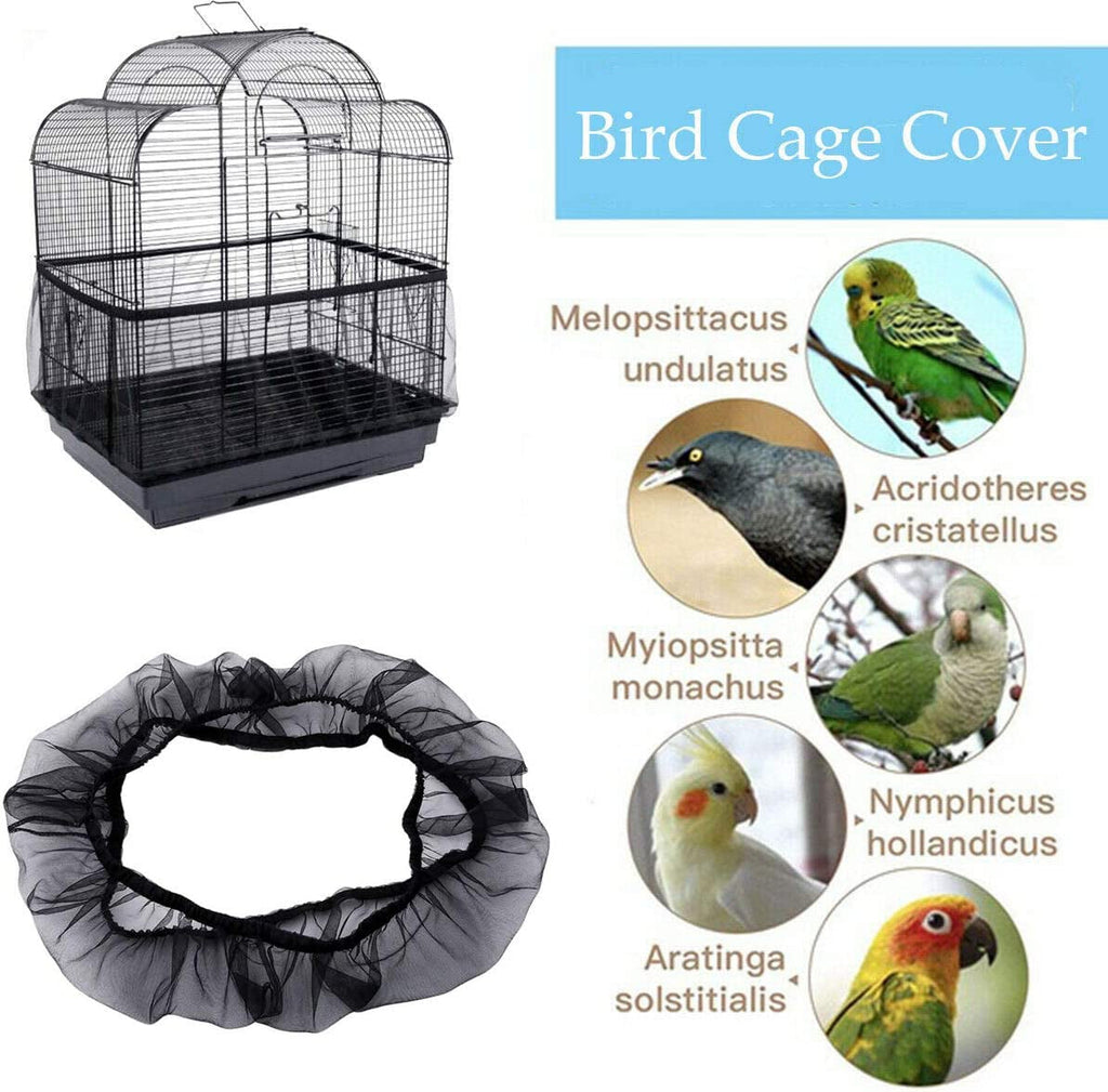 Bird cage seed catcher and guard skirt, black mesh fitted around cage base