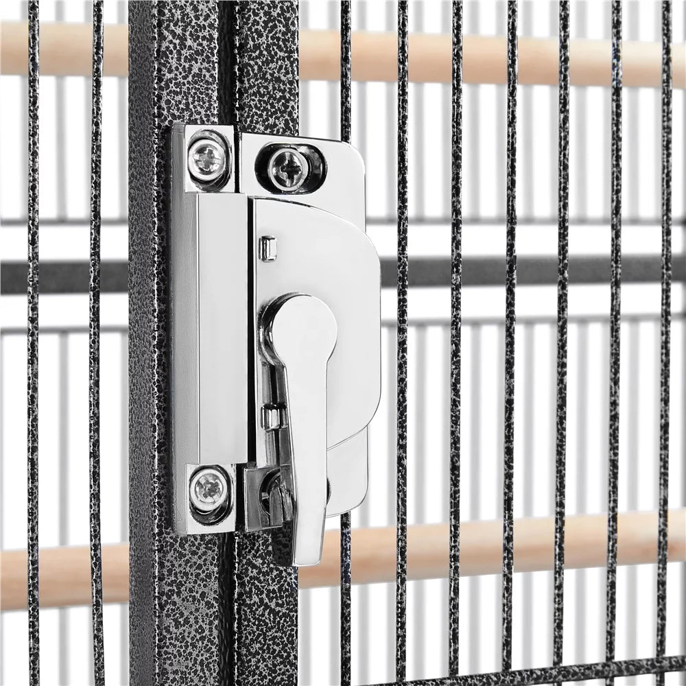Metal bird cage door latch with keyhole style handle and mounting screws.
