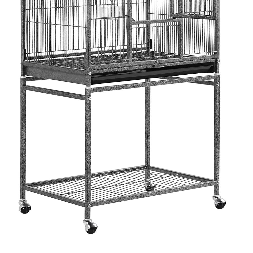 Removable stand under bird cage with wire shelf and four caster wheels.