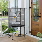 Rolling metal bird cage with removable stand, front door, and caster wheels.