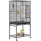 Metal bird cage with removable stand and front panel doors; caster wheels visible.