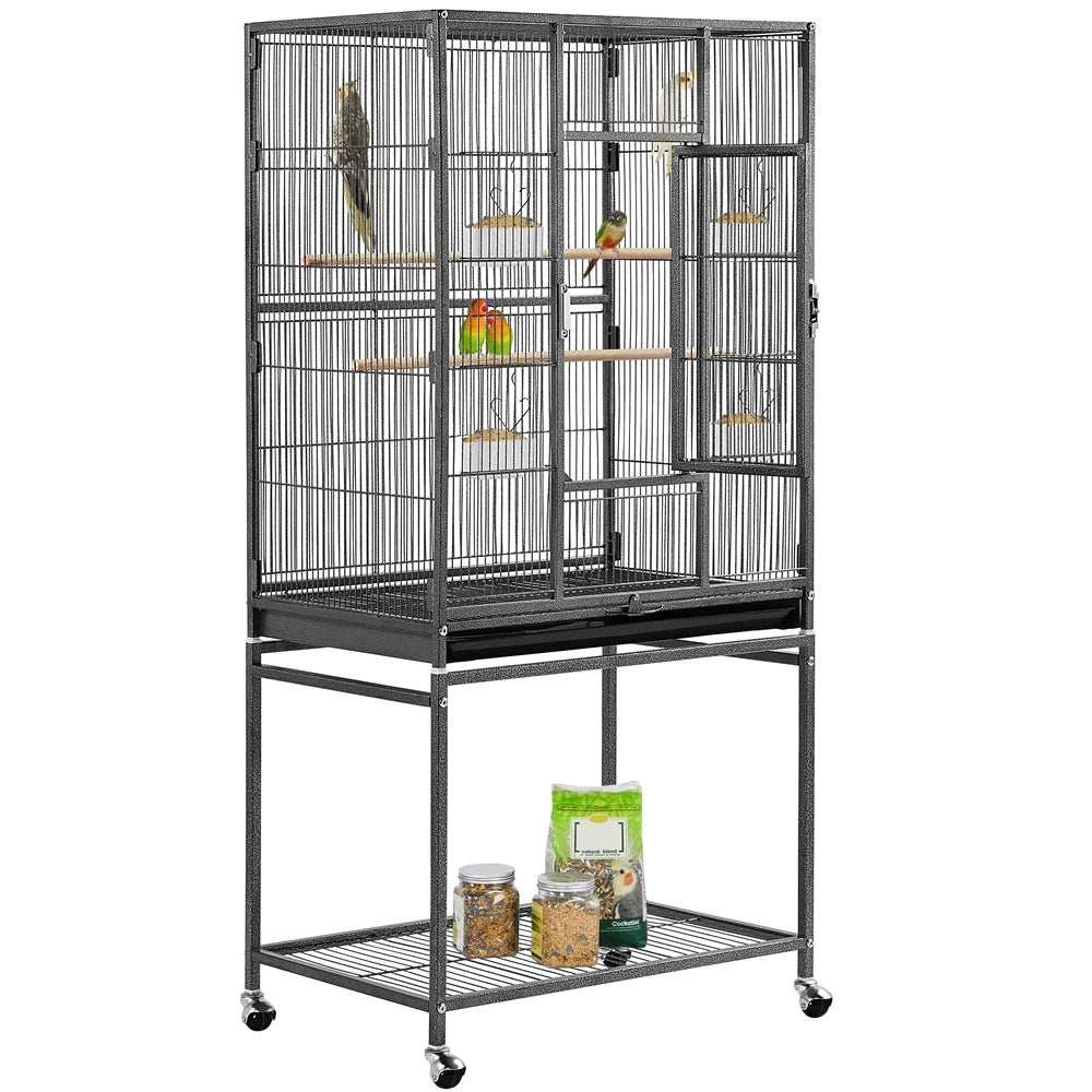 Metal bird cage with removable stand and front panel doors; caster wheels visible.