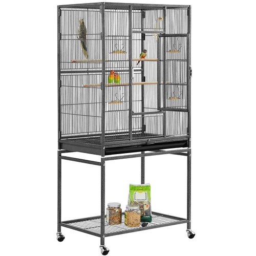 Metal bird cage with removable stand and front panel doors; caster wheels visible.