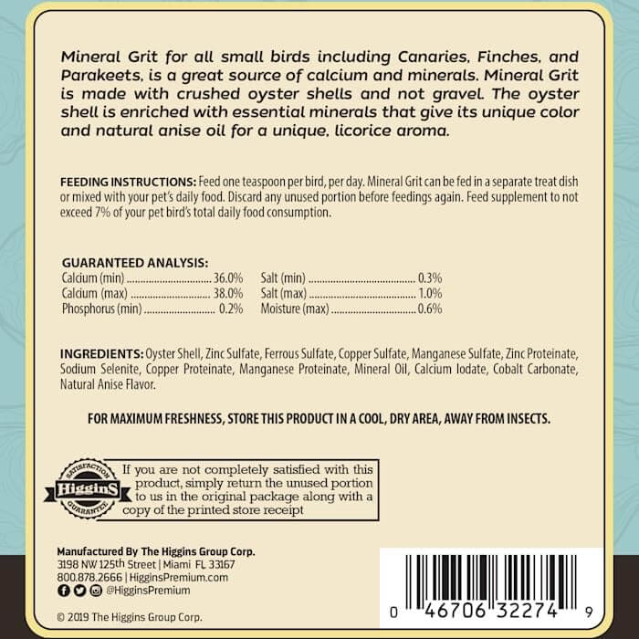 Mineral grit pouch back label with ingredients, feeding directions, and barcode