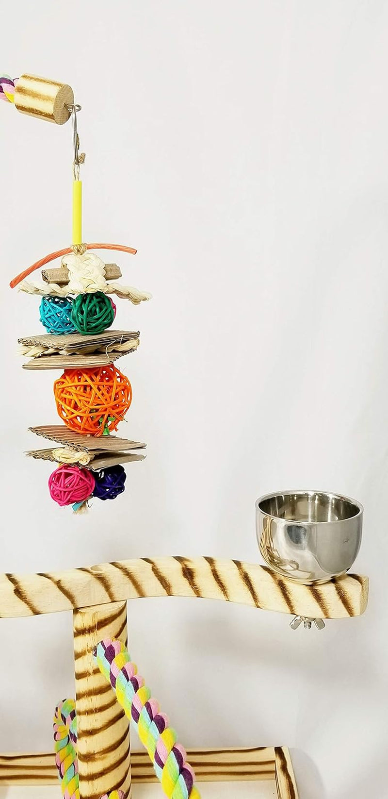 Wooden bird playgym with rope perches and stainless steel cup on tabletop tray
