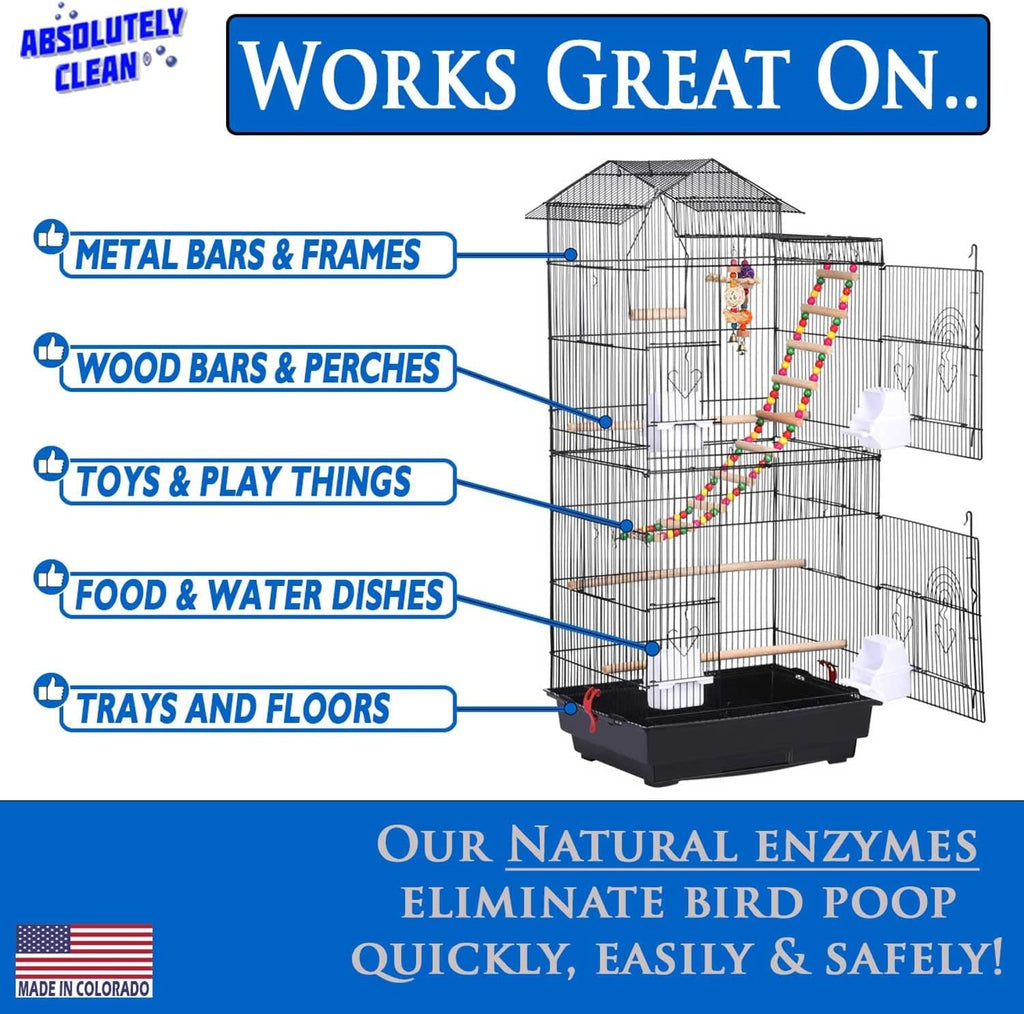 Bird cage cleaner bottle with natural enzymes claim and compatibility list on box graphic.