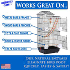 Bird cage cleaner bottle with natural enzymes claim and compatibility list on box graphic.