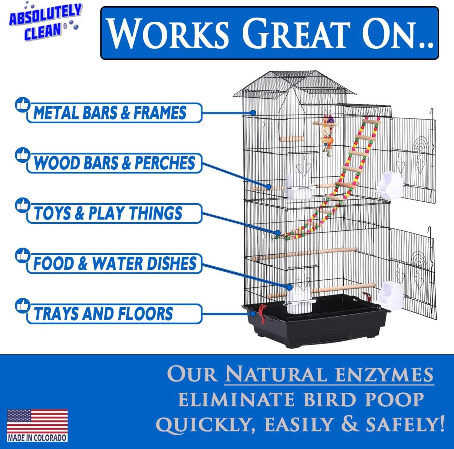 Bird cage cleaner bottle with natural enzymes claim and compatibility list on box graphic.