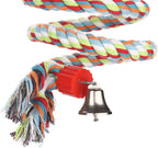 Braided cotton rope bird swing with red connector block and metal bell