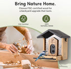 Wooden bird feeder camera house with front-mounted camera and black roof