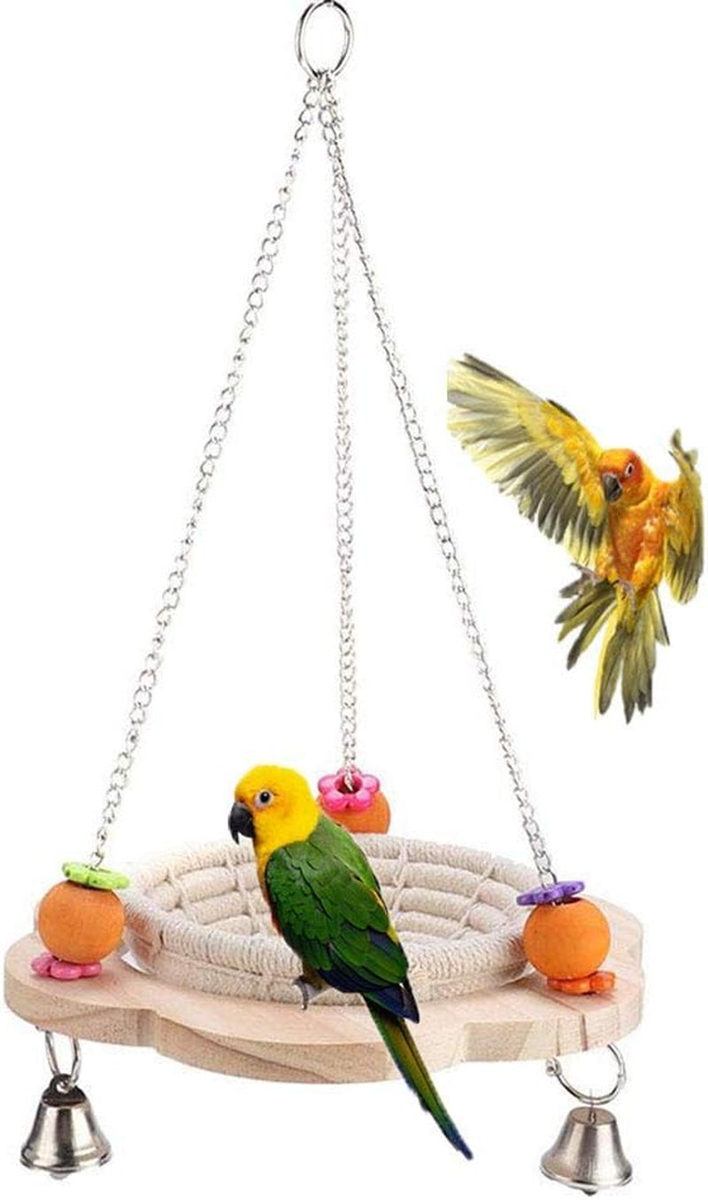 Natural bird nest swing with beige woven base, colorful bell charms, and hanging chain