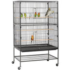 Gray rolling birdcage with two perches and lower storage shelf, on caster wheels