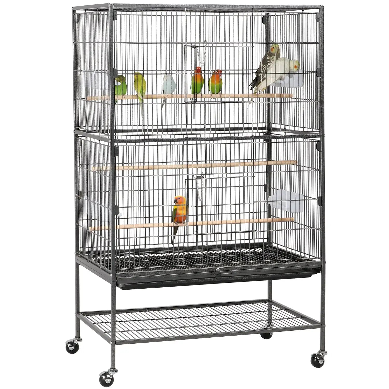 Gray rolling birdcage with two perches and lower storage shelf, on caster wheels