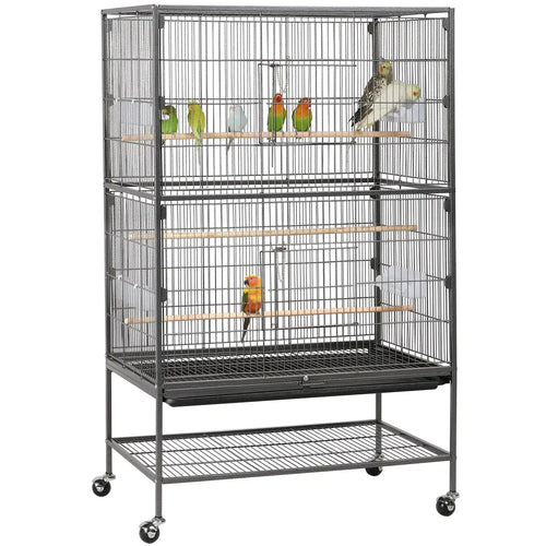 Gray rolling birdcage with two perches and lower storage shelf, on caster wheels