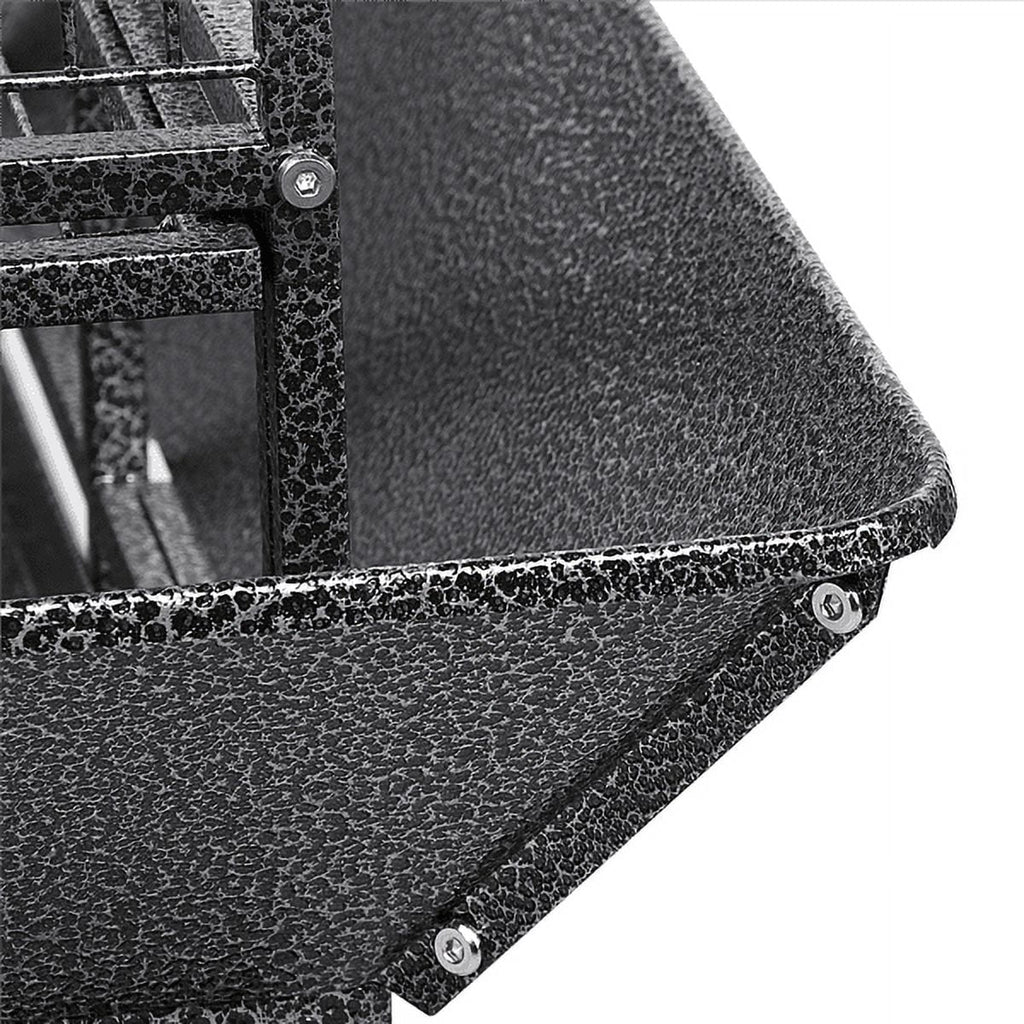 Black textured base tray corner of a rolling parrot cage with mounting bolts