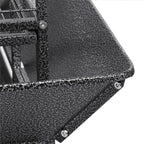 Black textured base tray corner of a rolling parrot cage with mounting bolts