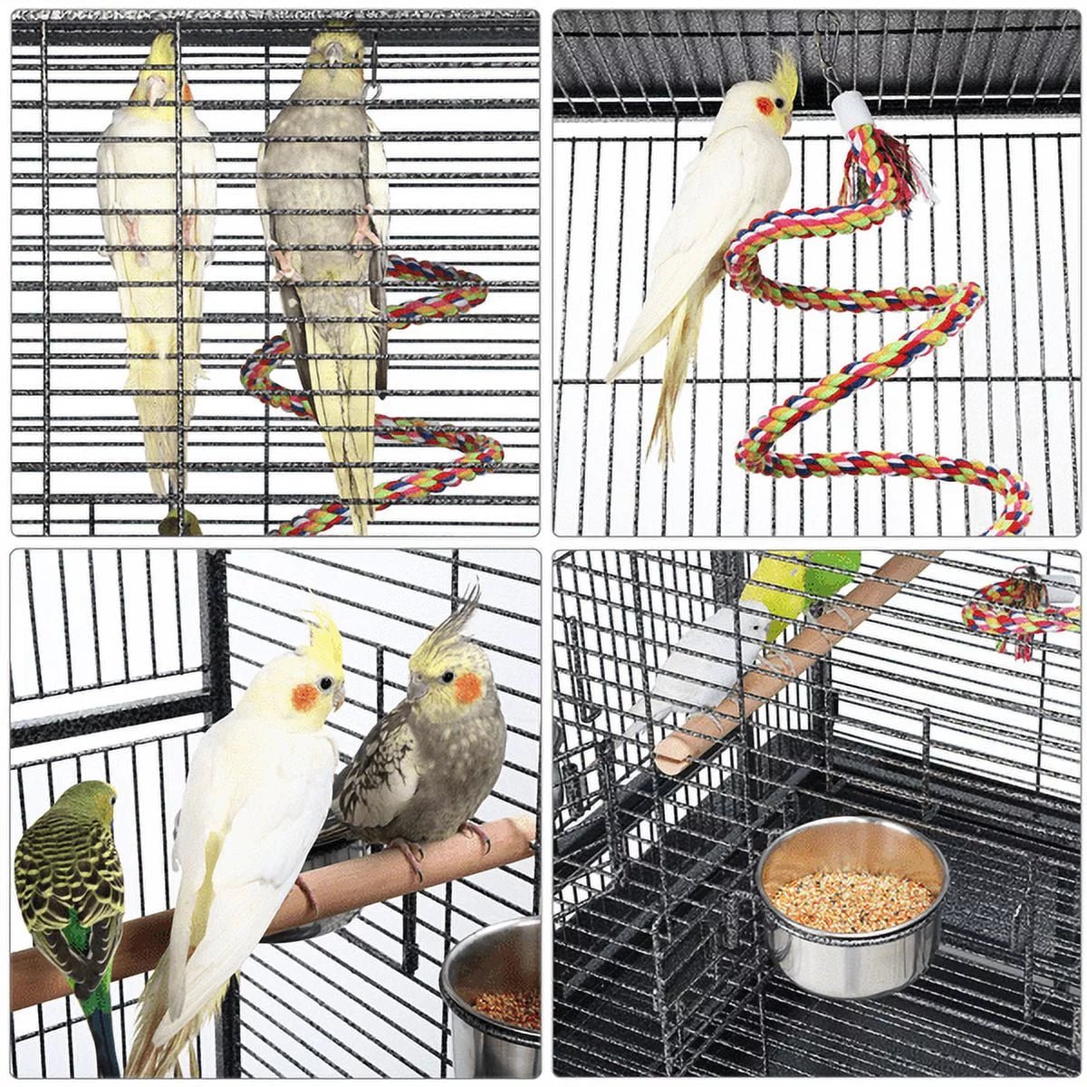 Indoor-style parrot cage with multiple perches, hanging rope toy, and feeding bowls