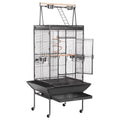 Black rolling parrot cage with open top play area and mesh side doors