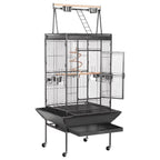 Black rolling parrot cage with open top play area and mesh side doors