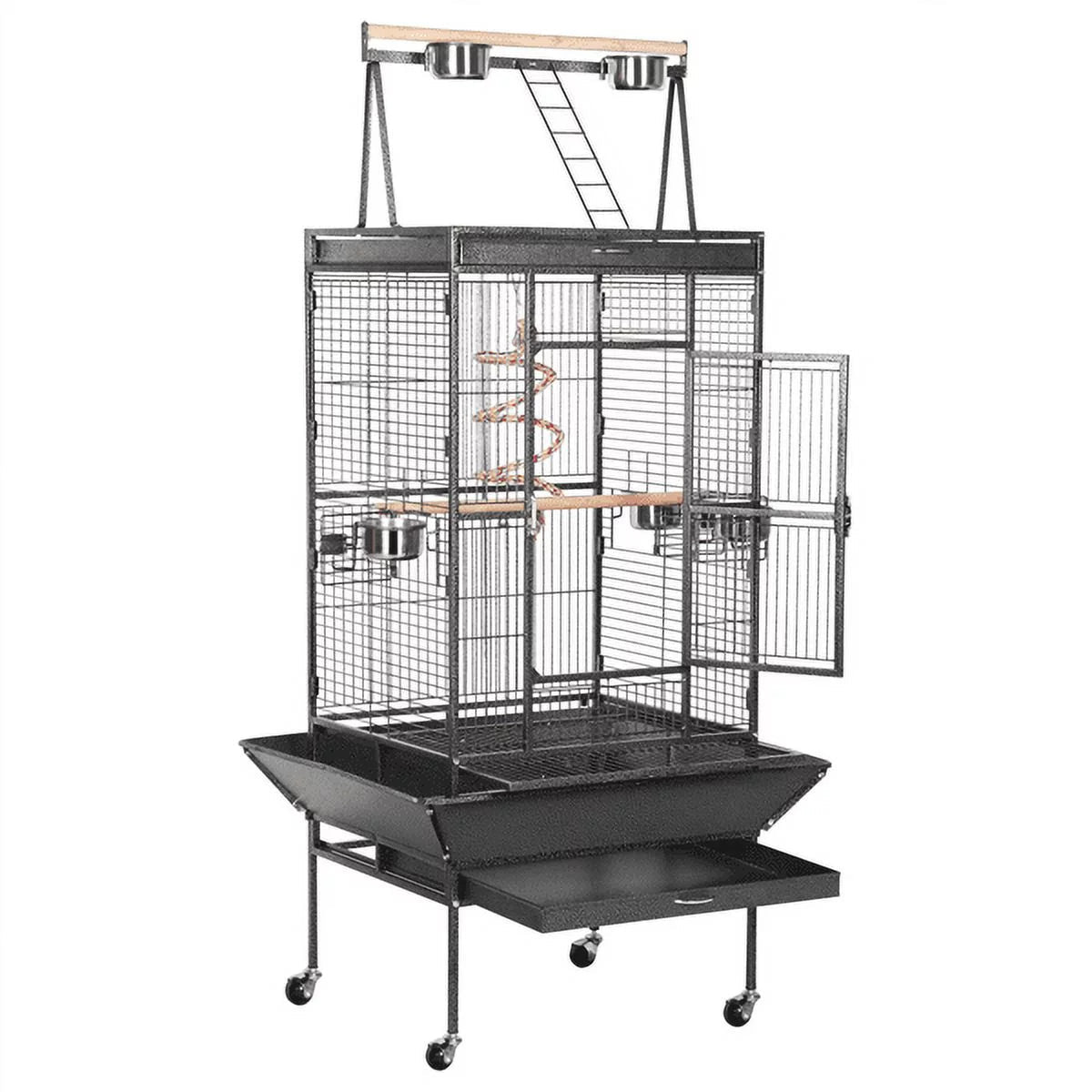 Black rolling parrot cage with open top play area and mesh side doors