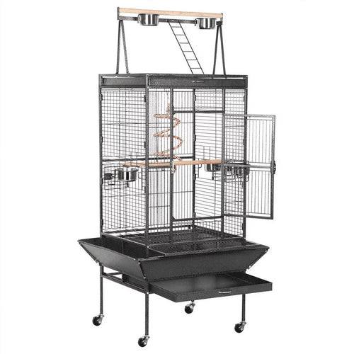 Black rolling parrot cage with open top play area and mesh side doors