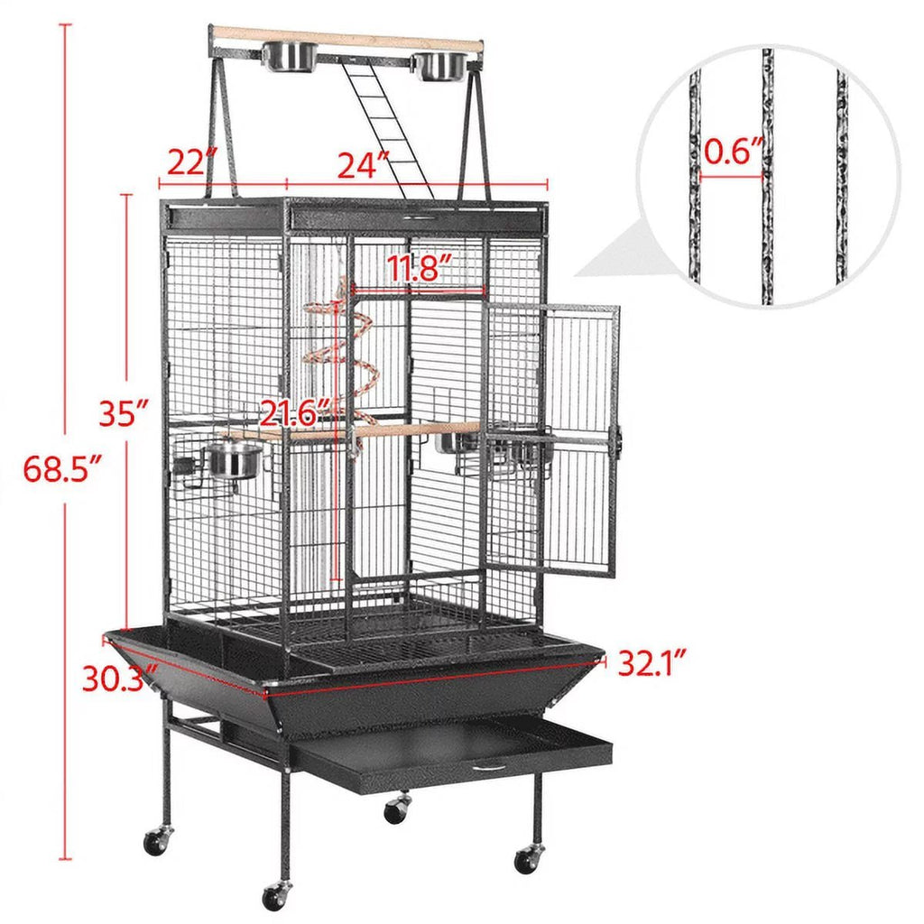 Mobile parrot cage with open play top, front view with door panels and base