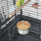 Wheeled parrot cage interior with hanging perches and stainless food bowl