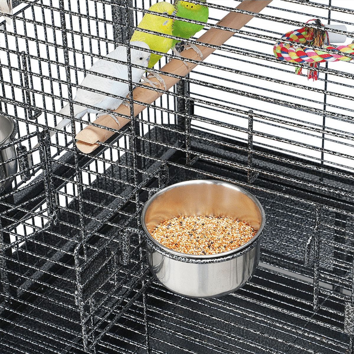 Wheeled parrot cage interior with hanging perches and stainless food bowl