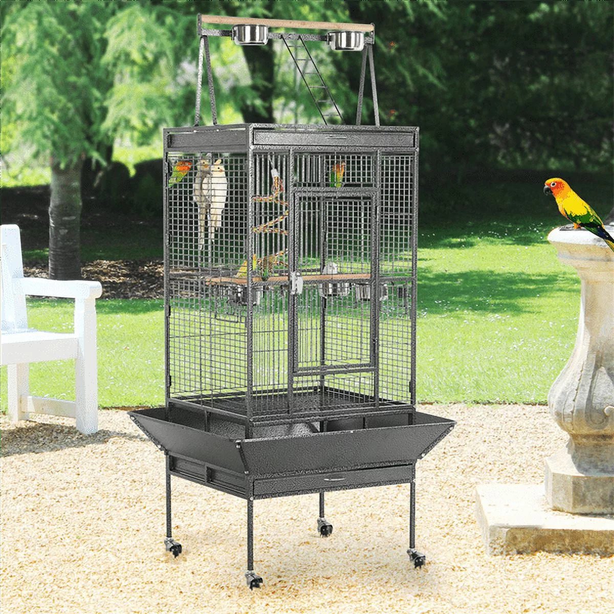 Outdoor parrot cage on wheels with open play top and side mesh compartments