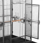 Parrot cage interior with wire panels and two stainless bowls attached to the door