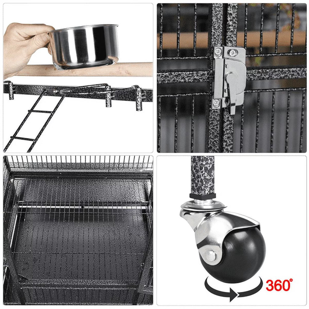 Parrot cage with stainless bowls and latching hardware; open play top support