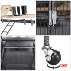 Parrot cage with stainless bowls and latching hardware; open play top support