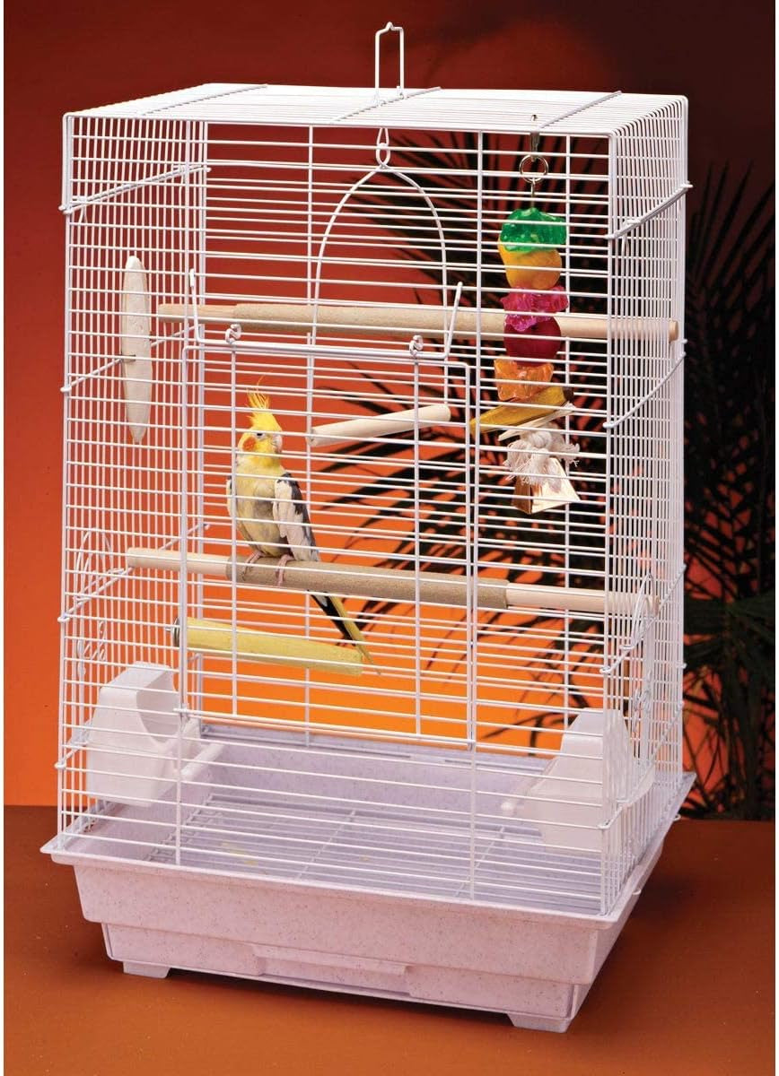 White small bird cage with top handle and front bars, includes hanging accessories