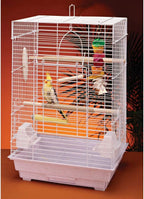White small bird cage with top handle and front bars, includes hanging accessories
