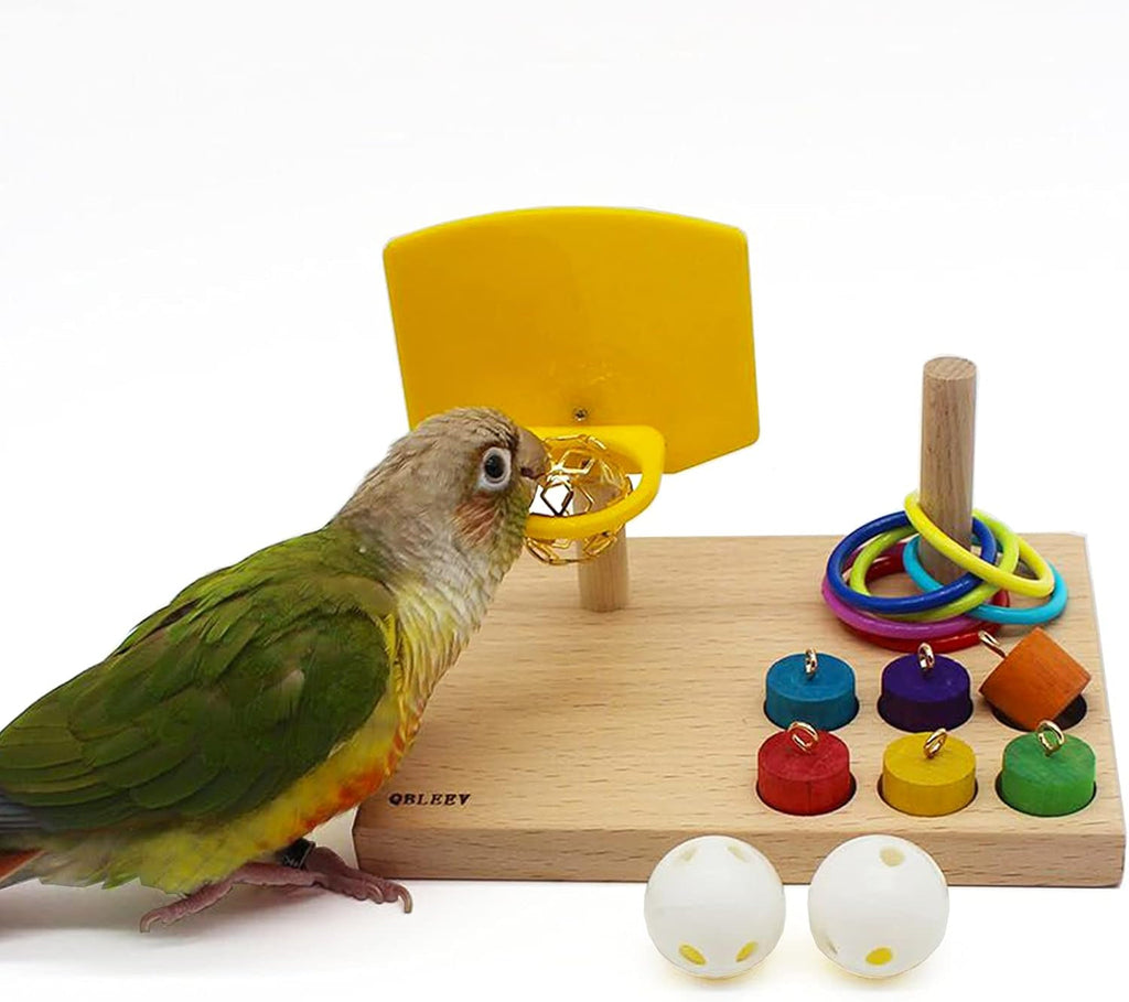 Wooden tabletop parrot activity center with yellow ring launcher, colorful rings and pegs
