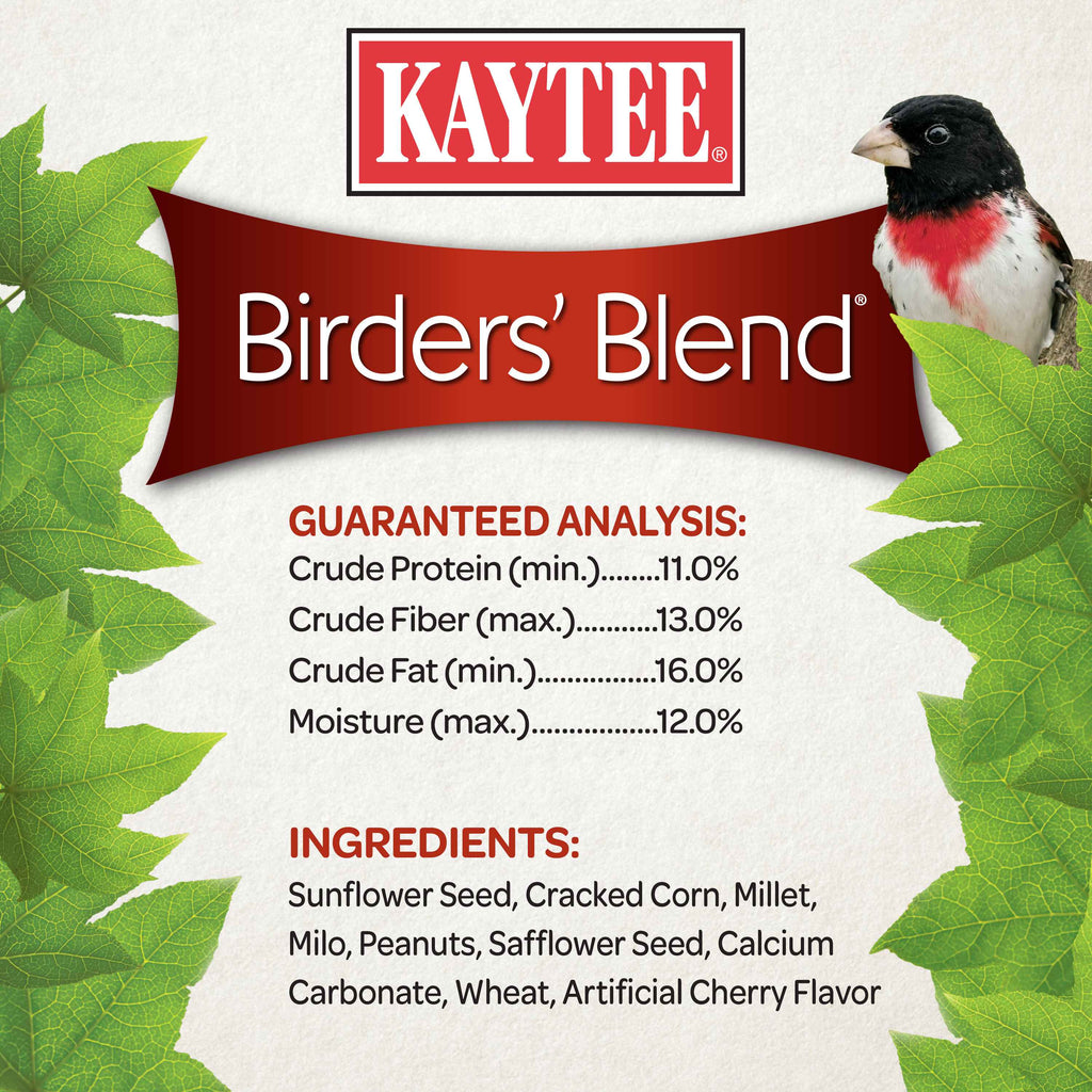Kaytee Birders' Blend bag panel with guaranteed analysis and ingredients list