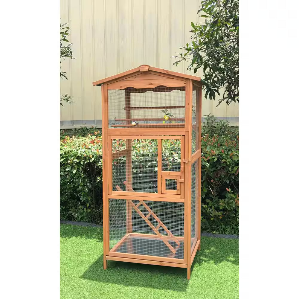 Wood bird aviary with wire mesh door panels and slanted lower support bars