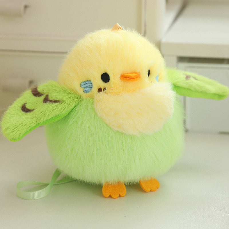 Yellow and green chick bird plush with orange feet and beak, 13 cm