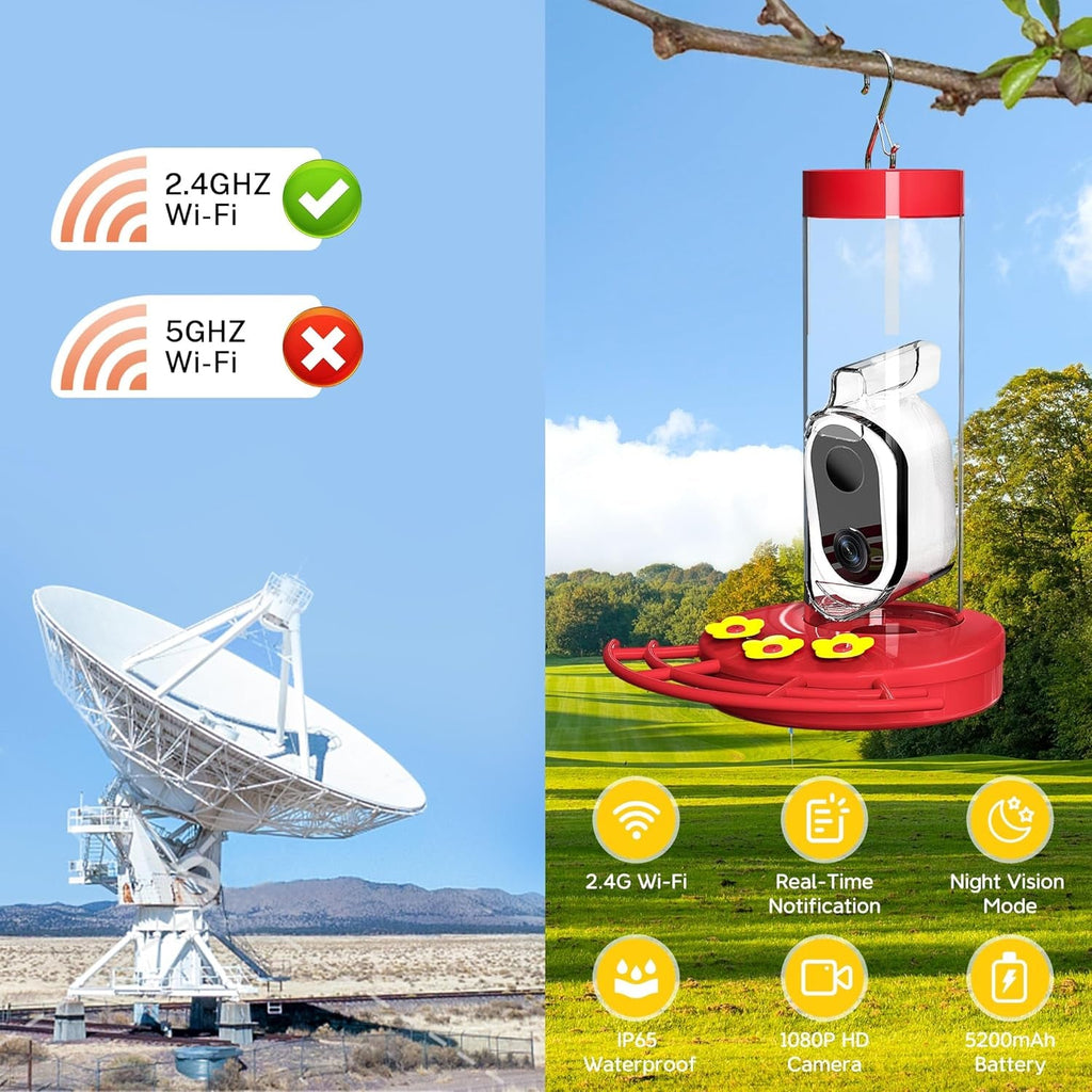 Red hummingbird feeder with solar camera outdoors with Wi‑Fi connection icons