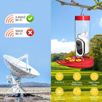 Red hummingbird feeder with solar camera outdoors with Wi‑Fi connection icons