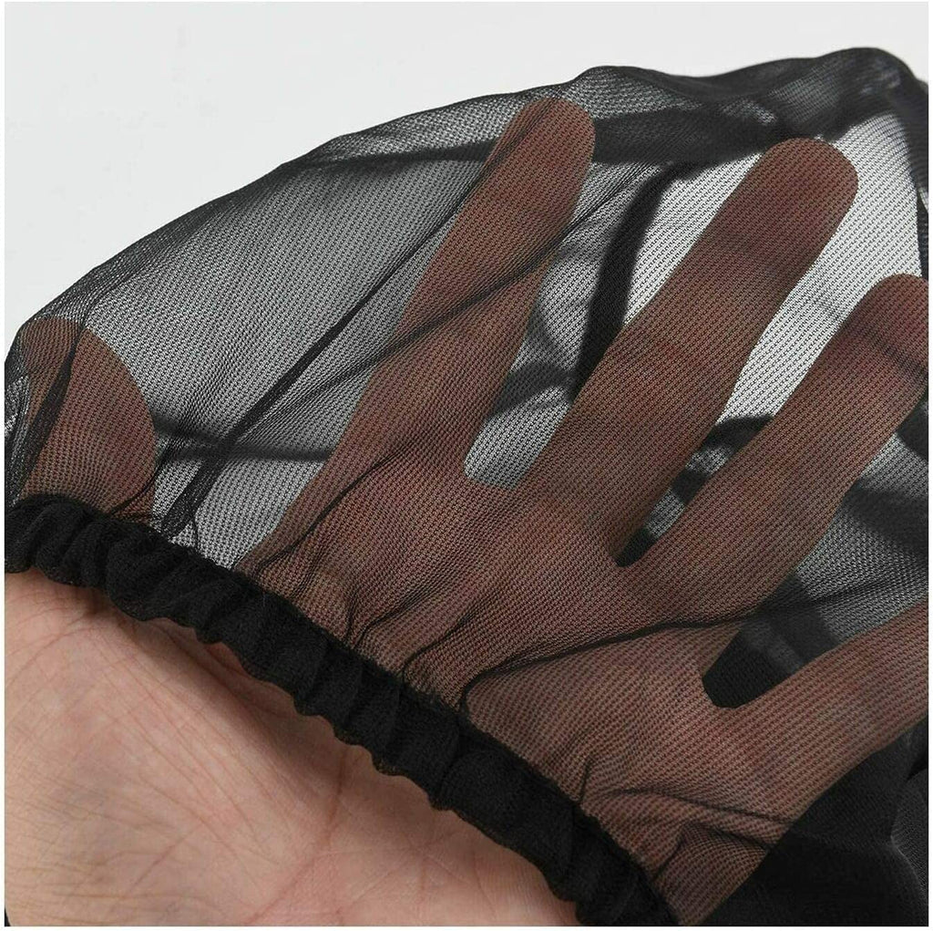 Black nylon mesh seed catcher skirt in hand, gathered elastic edge