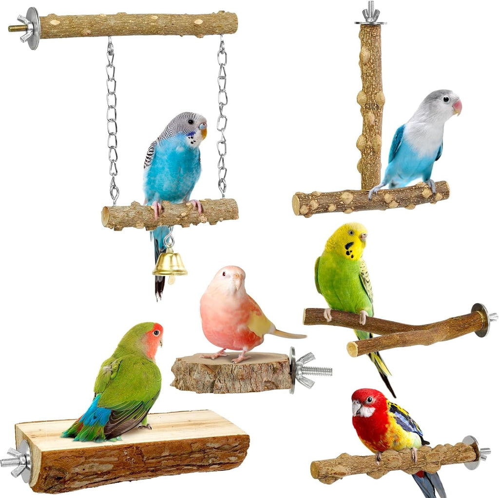 Natural wood bird perch set with platform and hanging bell for climbing and resting