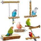 Natural wood bird perch set with platform and hanging bell for climbing and resting