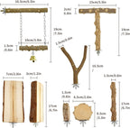 Natural wood bird perch set showing multiple pieces and a round platform