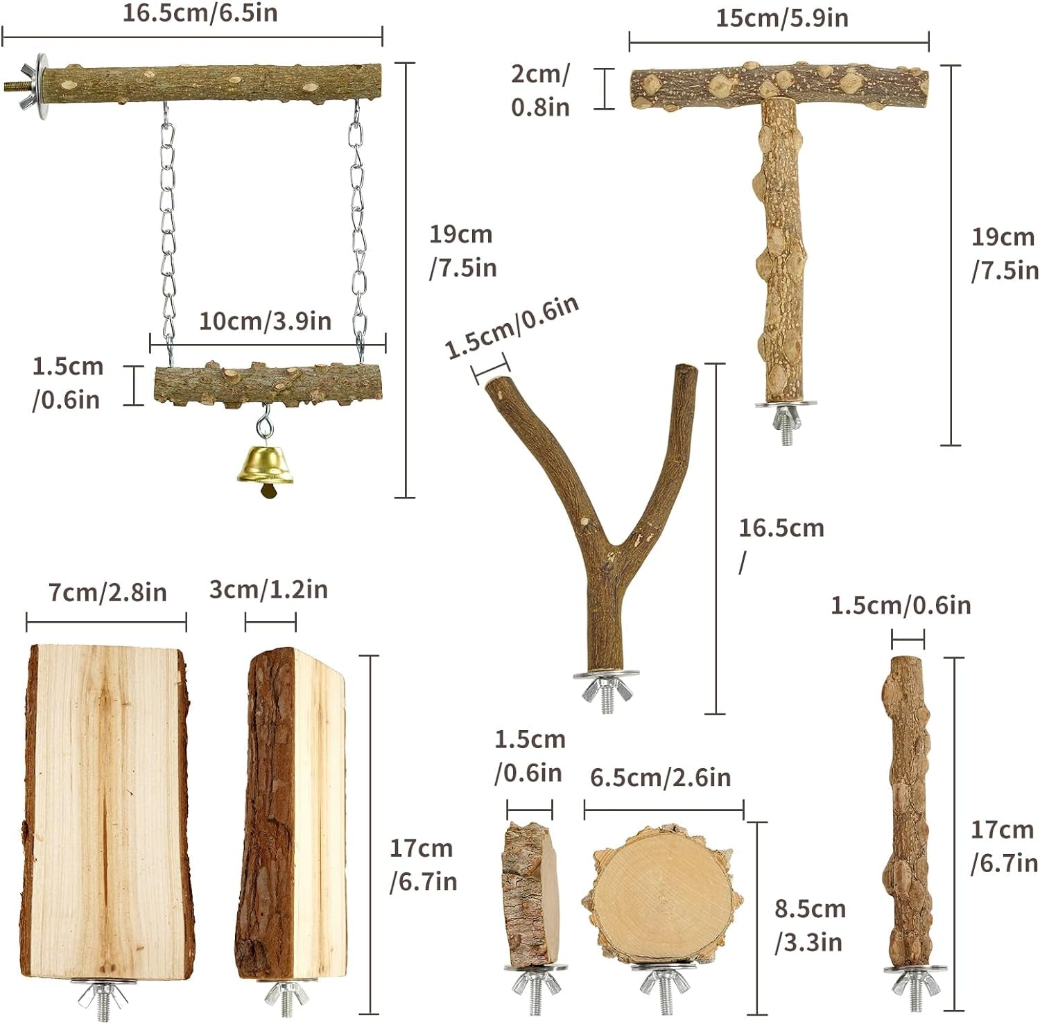 Natural wood bird perch set showing multiple pieces and a round platform