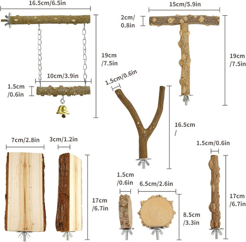 Natural wood bird perch set showing multiple pieces and a round platform